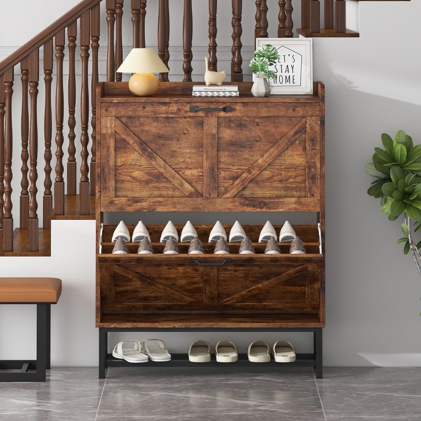 JSB Shoe Cabinet with 2 Flip Drawers, Freestanding Storage Organizer Shelf with Metal Legs, Narrow Shoe Rack Cabinet for Entryway (Rustic Brown, 2-Drawers)