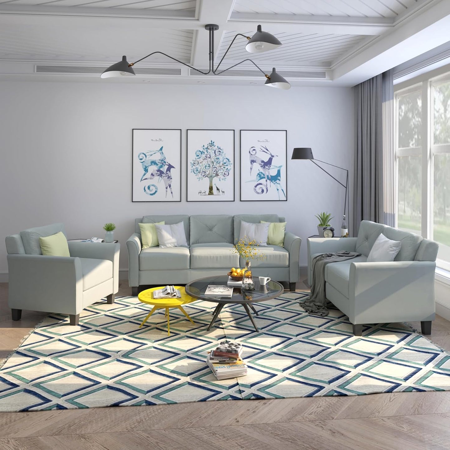 3 Pieses Modern Living Room Sofa Sets Polyester Blend Button Tufted Sofa&Couch Include 3 Seaters Couch, Loveseat and Armchair with Ergonomically Curved Armrests for Home Apartment Office