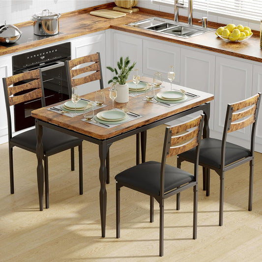 GarveeHome 5 Piece Dining Table Set, Industrial Style Dining Table and Chairs Set for 4, Kitchen Table Set for Dining Room Kitchen Apartment, Brown