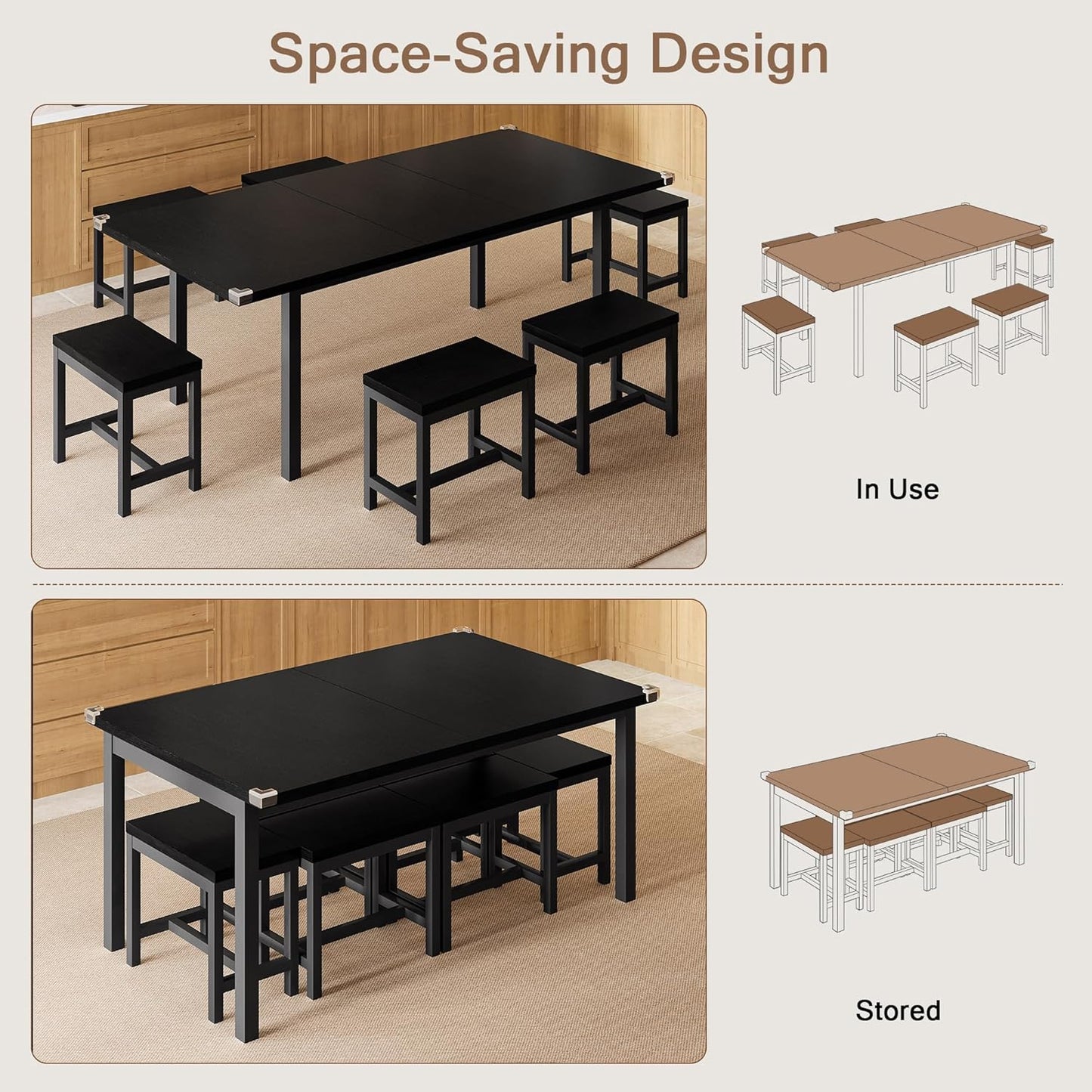 7-Piece Dining Table Set, 63" Extendable Kitchen Room Table with 6 Stools, Mid Century Modern Dinner Table with Metal Frame & MDF Board, Space-Saving, Easy Assembly, Black