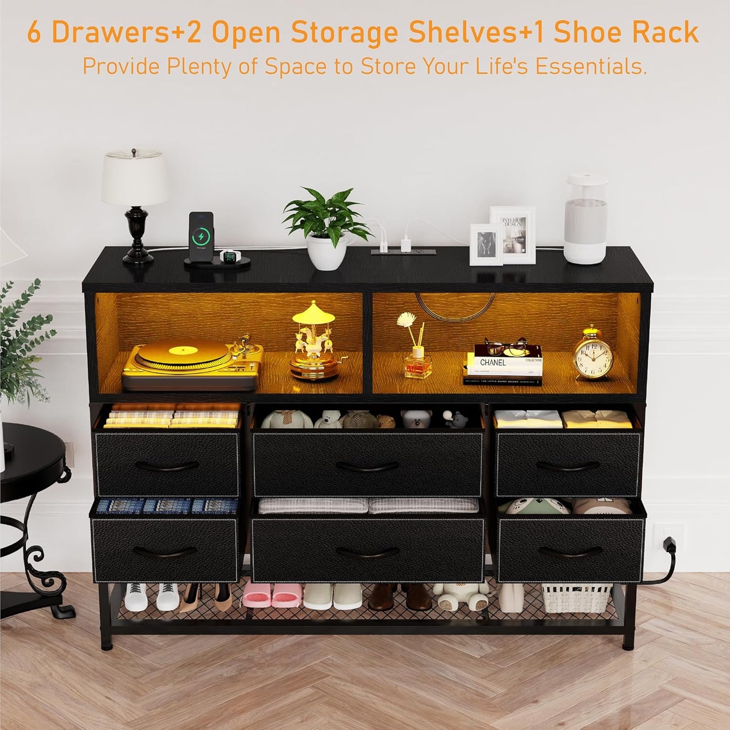 Black Dresser for Bedroom, 6 Drawers Led Dresser TV Stand with Power Outlets and LED Lights, Long Fabric Dressers Wide Chest of Drawers with Large Organizer Shoe Rack for Living Room, Entryway