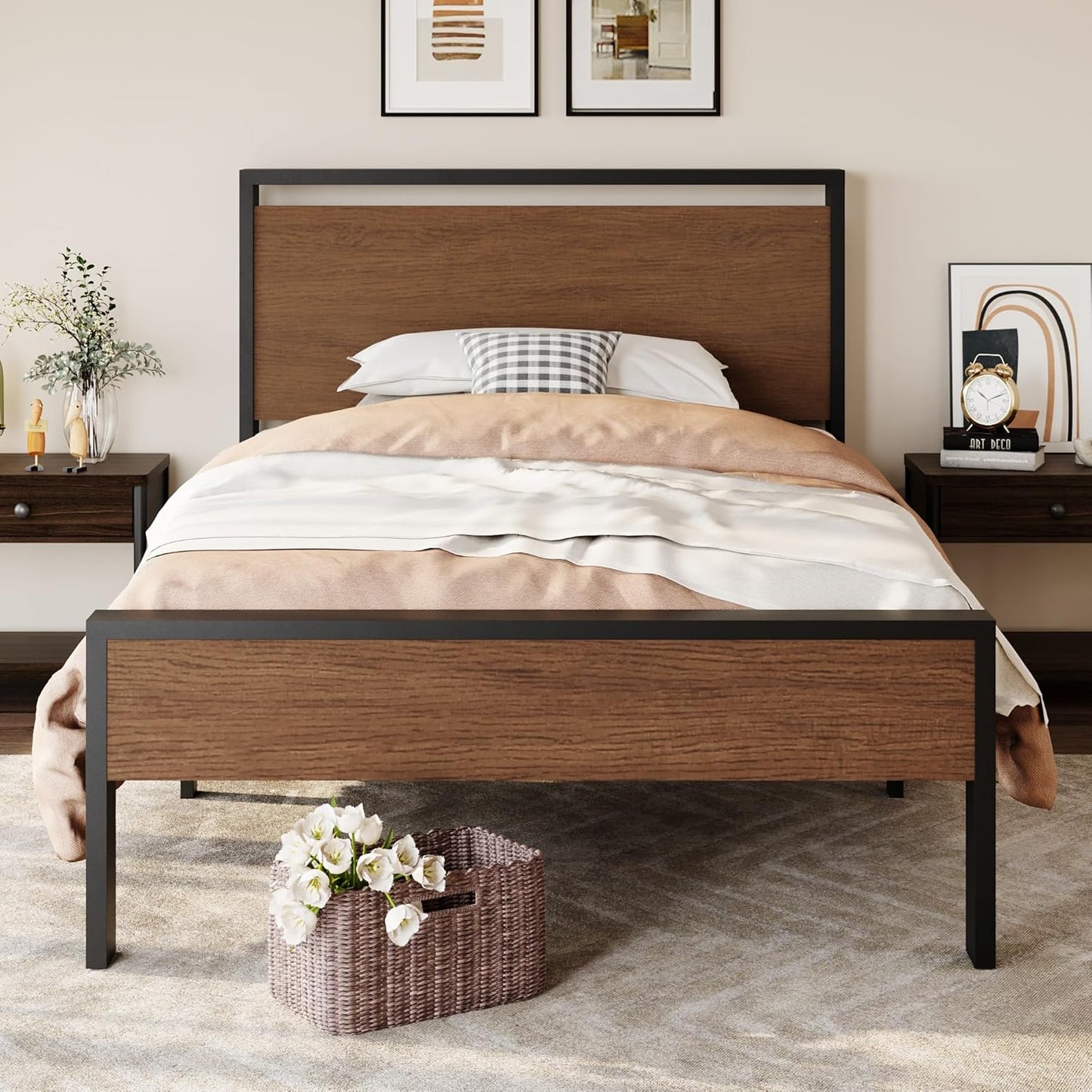 SHA CERLIN 14 Inch Twin Size Metal Platform Bed Frame with Wooden Headboard and Footboard, Mattress Foundation, No Box Spring Needed, Large Under Bed Storage, Heavy Duty Slats Support, Walnut