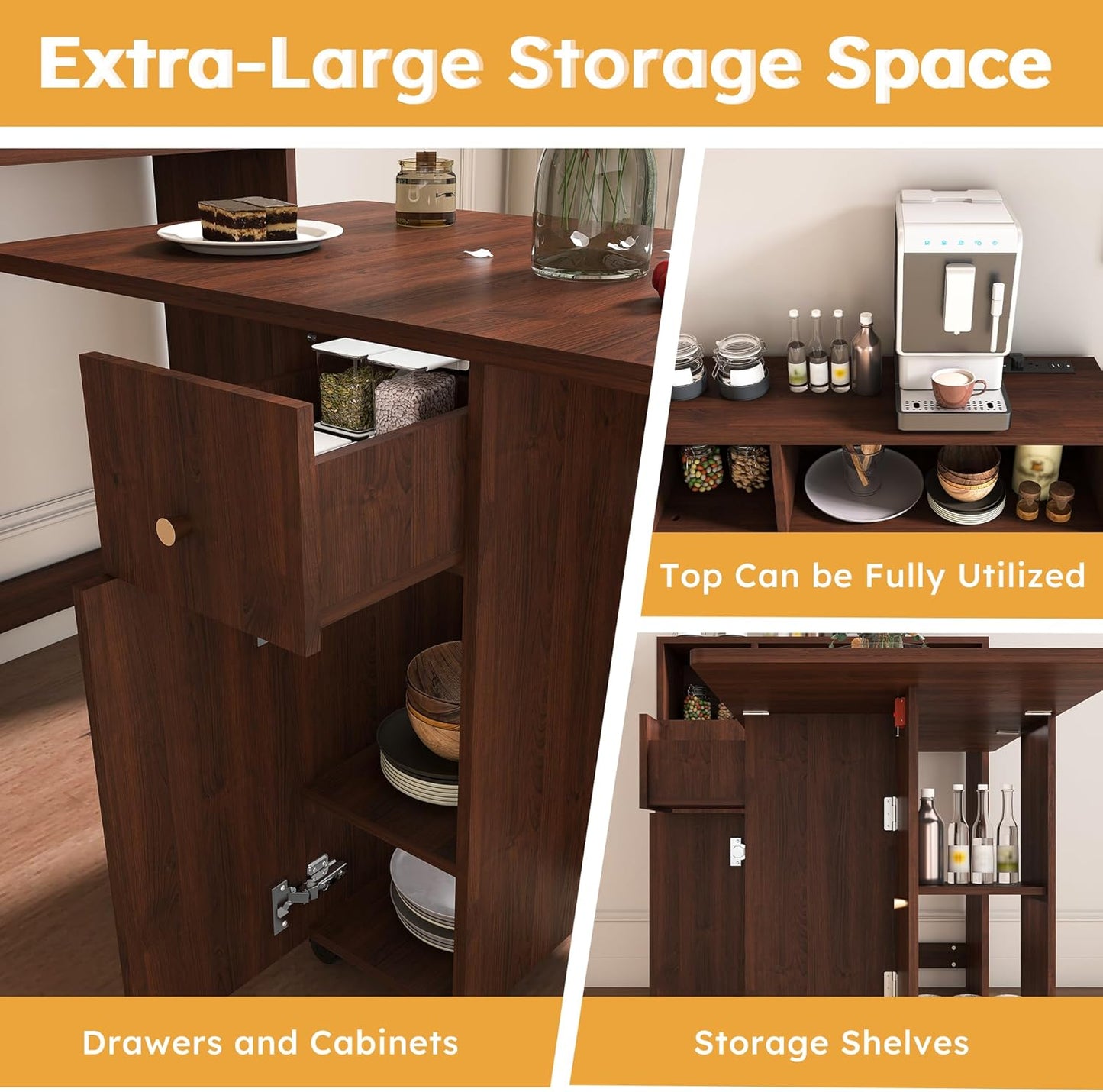 Ball & Cast Multifunctional Folding Dining Table with Wall-Mounted Sideboard & Storage,Wood Kitchen Island w/Four-in-one Socket and Silent Wheels,Space-Saving,Easy to Assemble,for Dining Room,Walnut