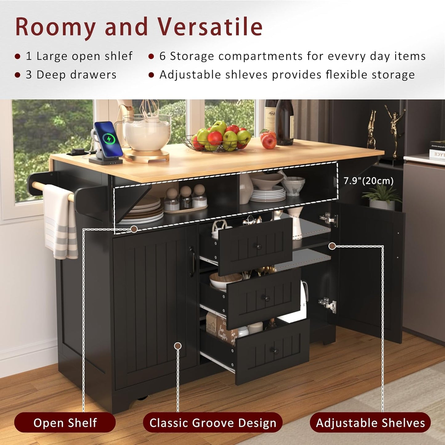 56" Large Kitchen Island with 2 Drop Leafs,Rolling Kitchen Cart on 5 Wheels W/Power Outlet & 3 Drawers,Folding Storage Dining Table W/Spice & Towel Racks,for Kitchen,Dining Room,Black