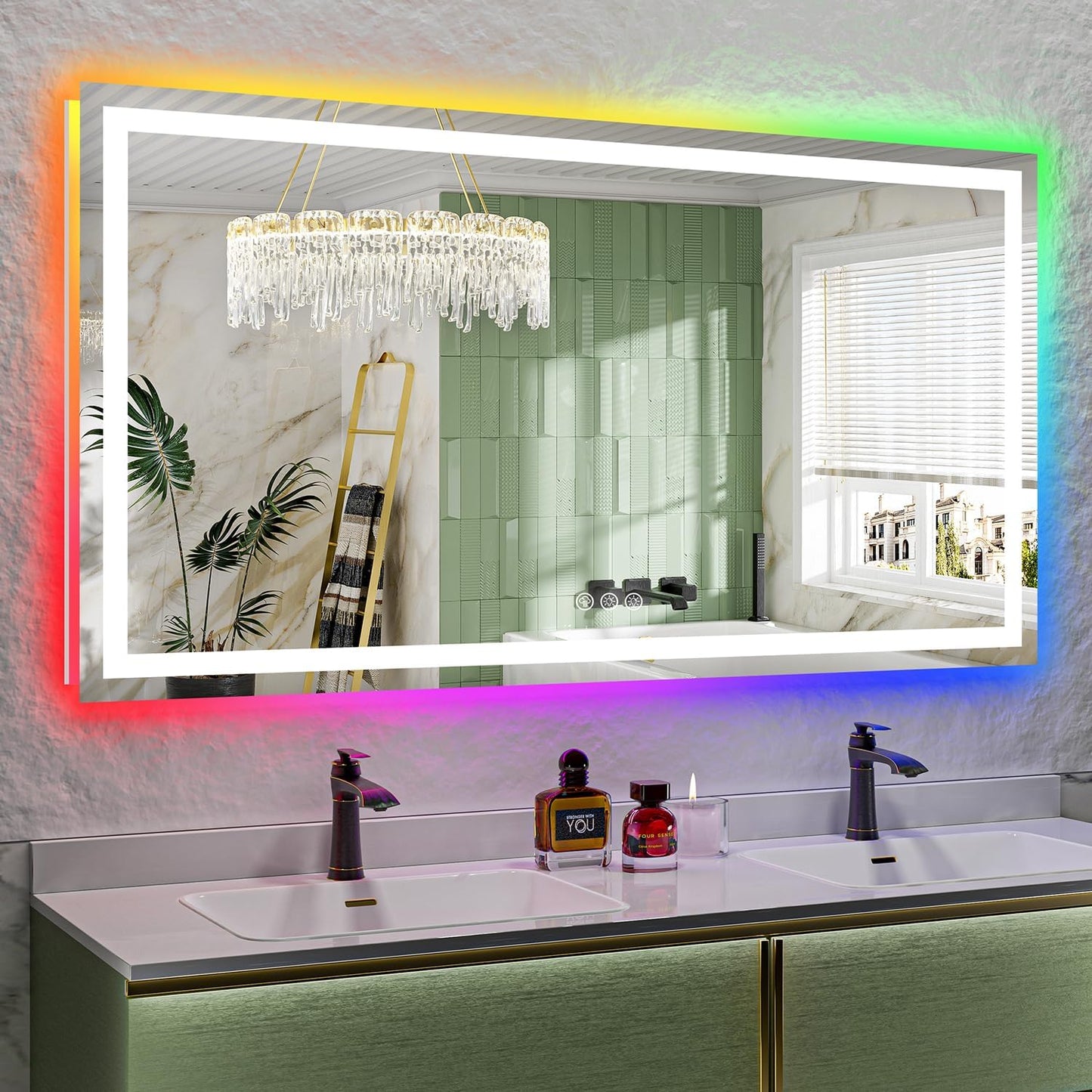 66x36 Inch RGB LED Bathroom Mirror Front Light and RGB Backlit Lighted Vanity Mirror for Bathroom Wall Mounted Dimmable Anti Fog Memory Shatter-Proof IP54 Waterproof Horizontal/Vertical