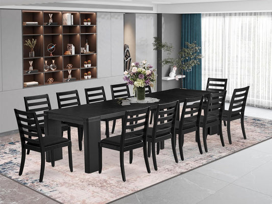 X12X1-006-24 - 13-piece Modern Dining Room Table Set a Rectangular Dining Table and 12 Black Polyester Fabric Stackable Chair, 39x120 Inch, Wire Brushed Black