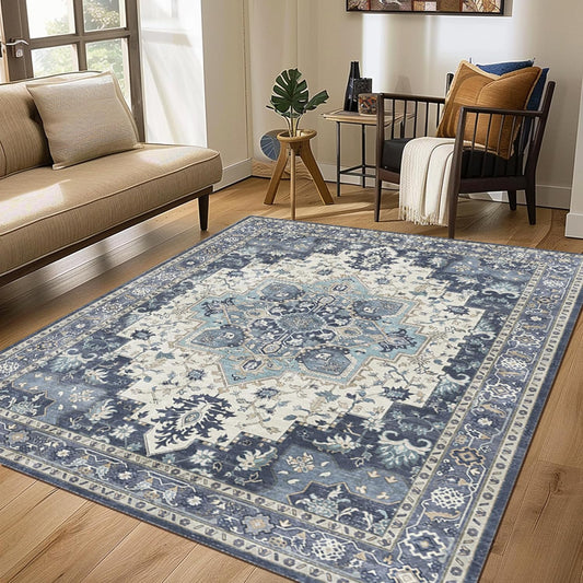 GENIMO 9x12 Area Rugs for Living Room, Machine Washable Non Slip Vintage Rugs, Low Pile Lightweight Chenille Print Rug for Bedroom, Dining Room, Home Office, Center Blue