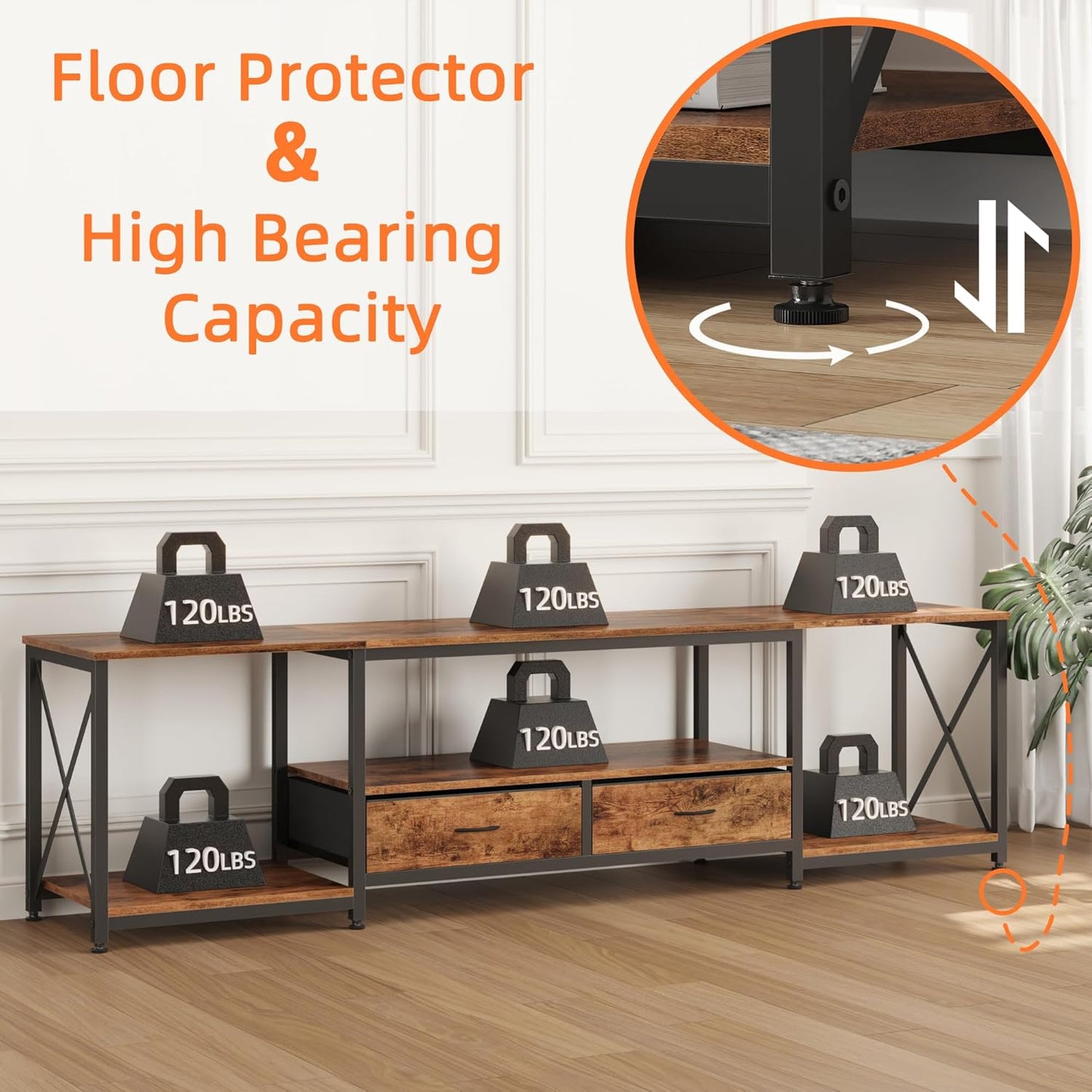 TV Stand with Fabric Drawers for 80 85 Inches TV - Entertainment Center and Industrial TV Console Table with Open Storage Shelves for Living Room, Bedroom- 79.1" Rustic Brown