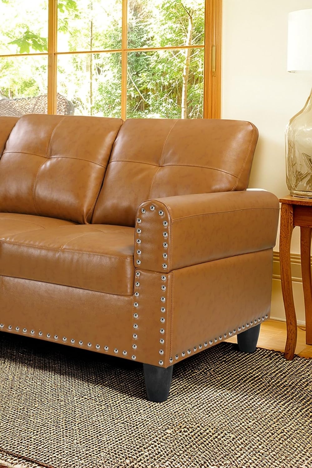 98 Inch L Shaped Sectional Sofa with Chaise Lounge, Storage Ottoman and 2 Pillows, 4-Seaters Faux Leather Upholstered Tufted Couch w/Cupholder & Nailhead Trim for Living Room, Office, Ginger