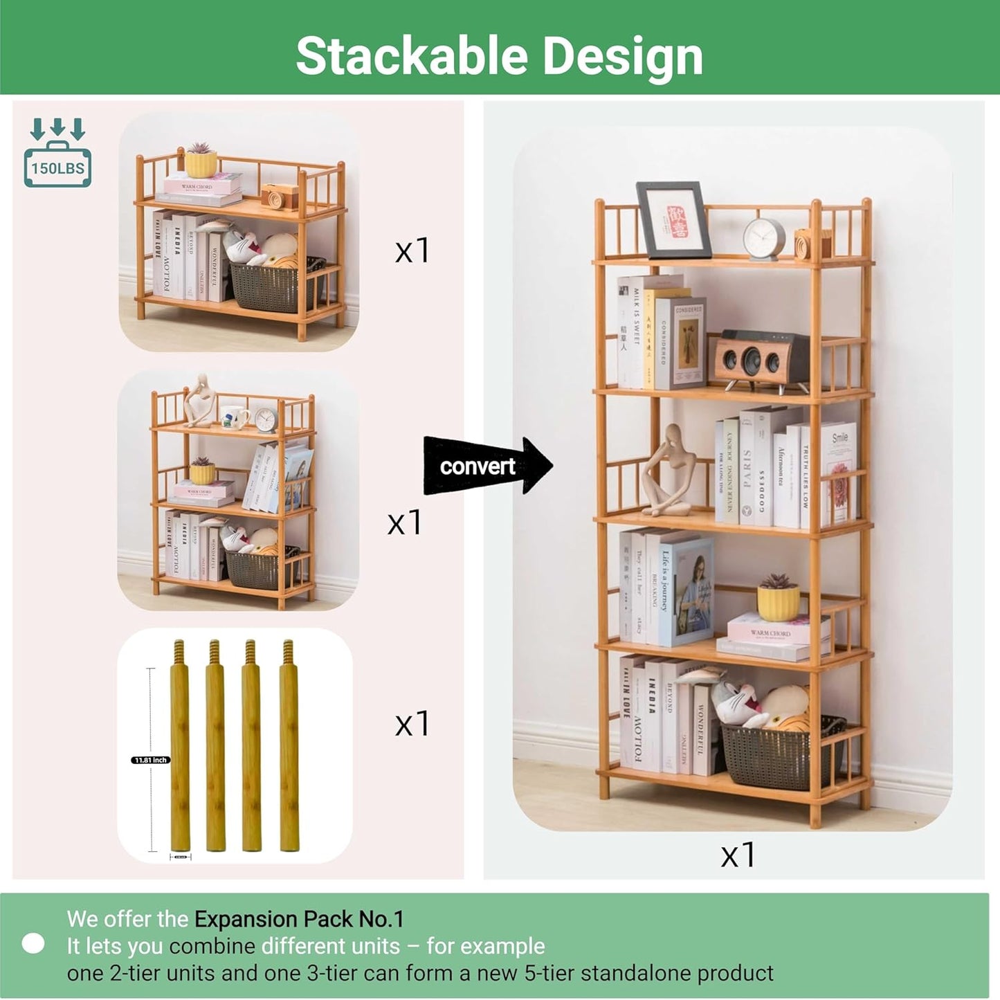GOGOGO Bamboo Bookshelf -Tool-Free Assembly, Modular, Eco-Friendly Wooden Bookcase, Height Extendable(Natural, 11.8" H(3 Tier))