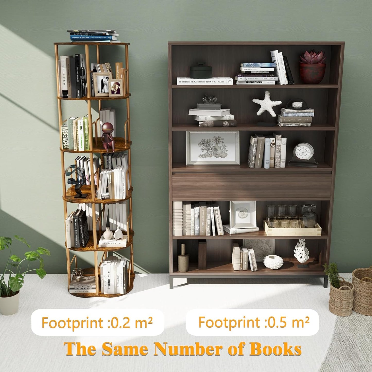 5-Tier Rotating Bookshelf, 360 ° Display Stackable Spinning Bookshelf Tower, Narrow Space Saving Tall Floor Standing Swivel Bookcase Corner Organizer for Bedroom, Living Room, Gold