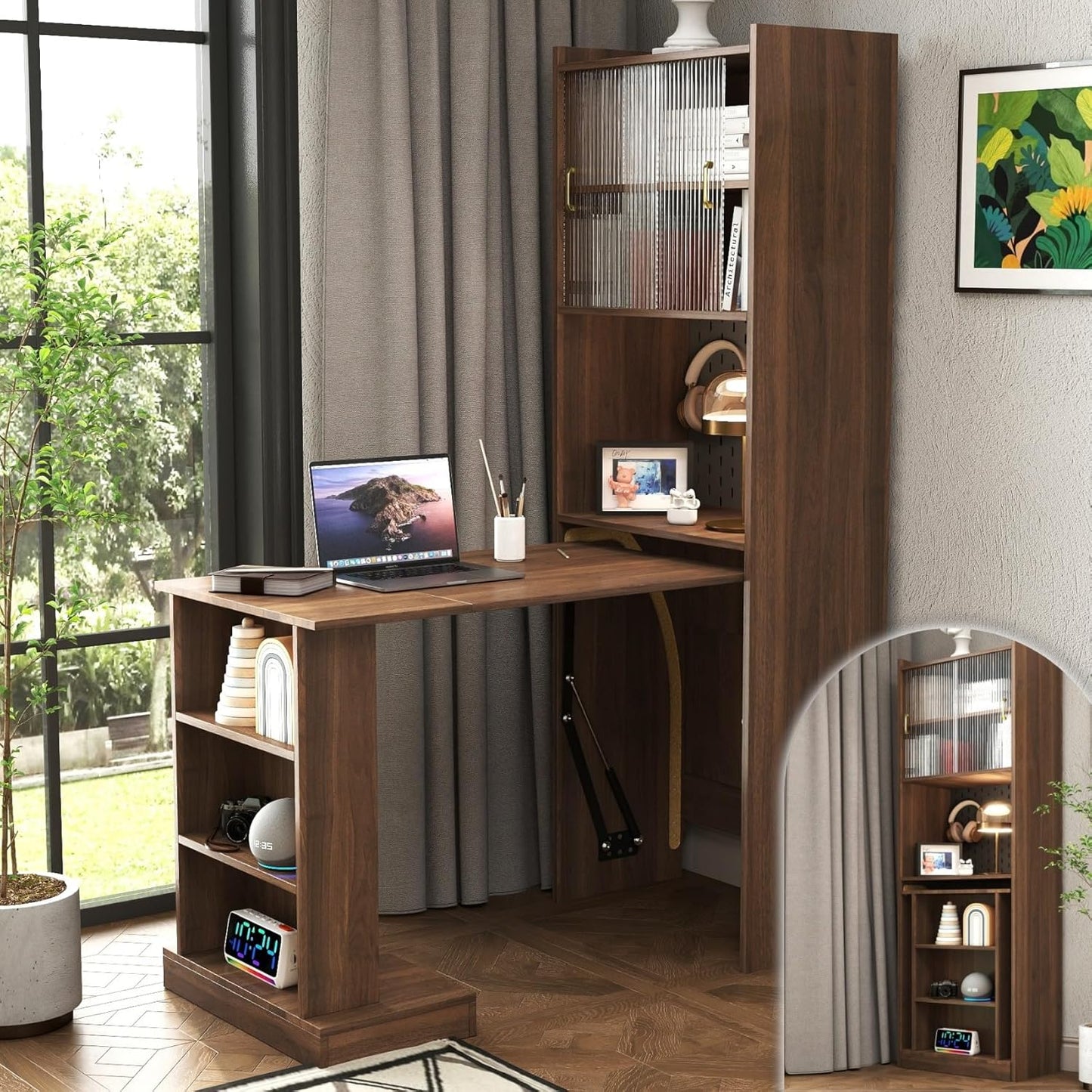 KEIKI Folding Home Office Desks with Pegboard, Glass Doors, Bookshelf & Storage Shelves, Modern Wooden Computer Table Workstation for Work, Study, Writing