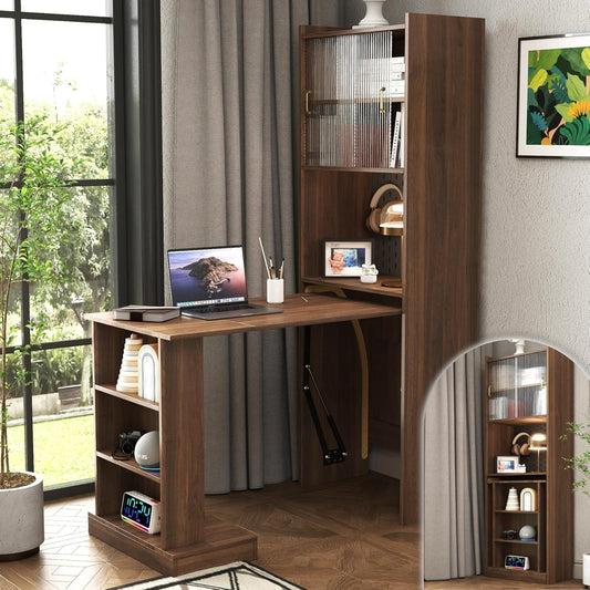 KEIKI Folding Home Office Desks with Pegboard, Glass Doors, Bookshelf & Storage Shelves, Modern Wooden Computer Table Workstation for Work, Study, Writing