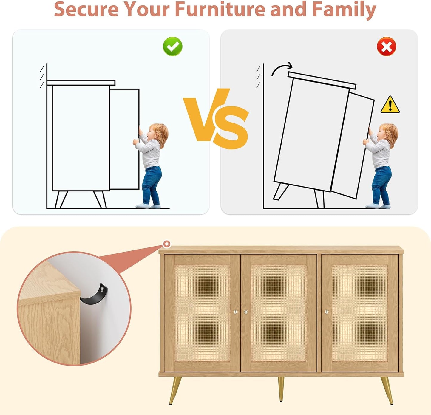 Shintenchi Large Rattan Storage Cabinet, Modern Sideboard Cabinet, Accent Large Storage Space Cabinet with Rattan Decorated Doors for Living Room, Dining Room