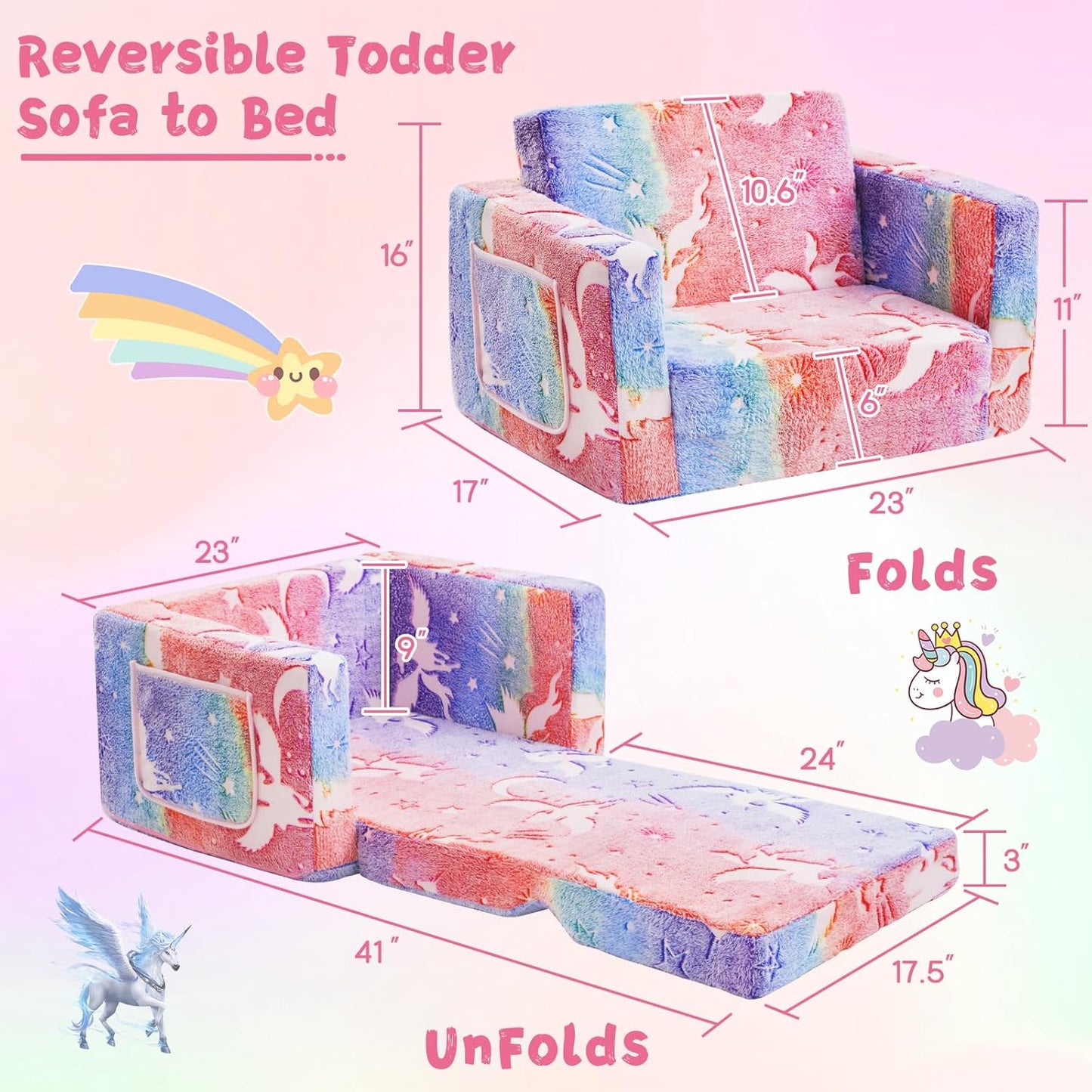 Toddler Chair Comfy,2-in-1 Soft Toddler Couch Fold Out for Kids,Convertible Sofa to Lounger,Gift for Girls and Boys Birthday,Elf,Medium