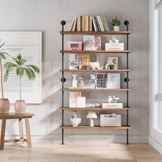 6 Tier Industrial Ladder Shelf Bookcase, Wall Mounted Rustic Bookshelf for Living Room Decor and Storage (Walnut Color, 6 Tier - 10" D x 48" W x 82.5" H)