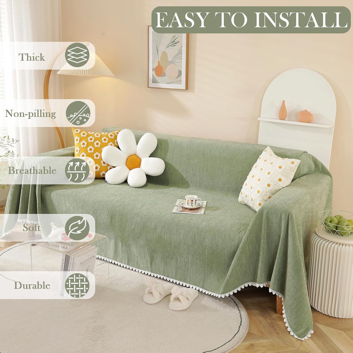 HANDONTIME Couch Cover Green Sofa Covers L Shape Sage Couch Cushion Cover Dog Furniture Protector Soft Thick Slip Covers for Sofas/Couches Cover Cover for Dogs Kids Sofa Cover, 71" X118"