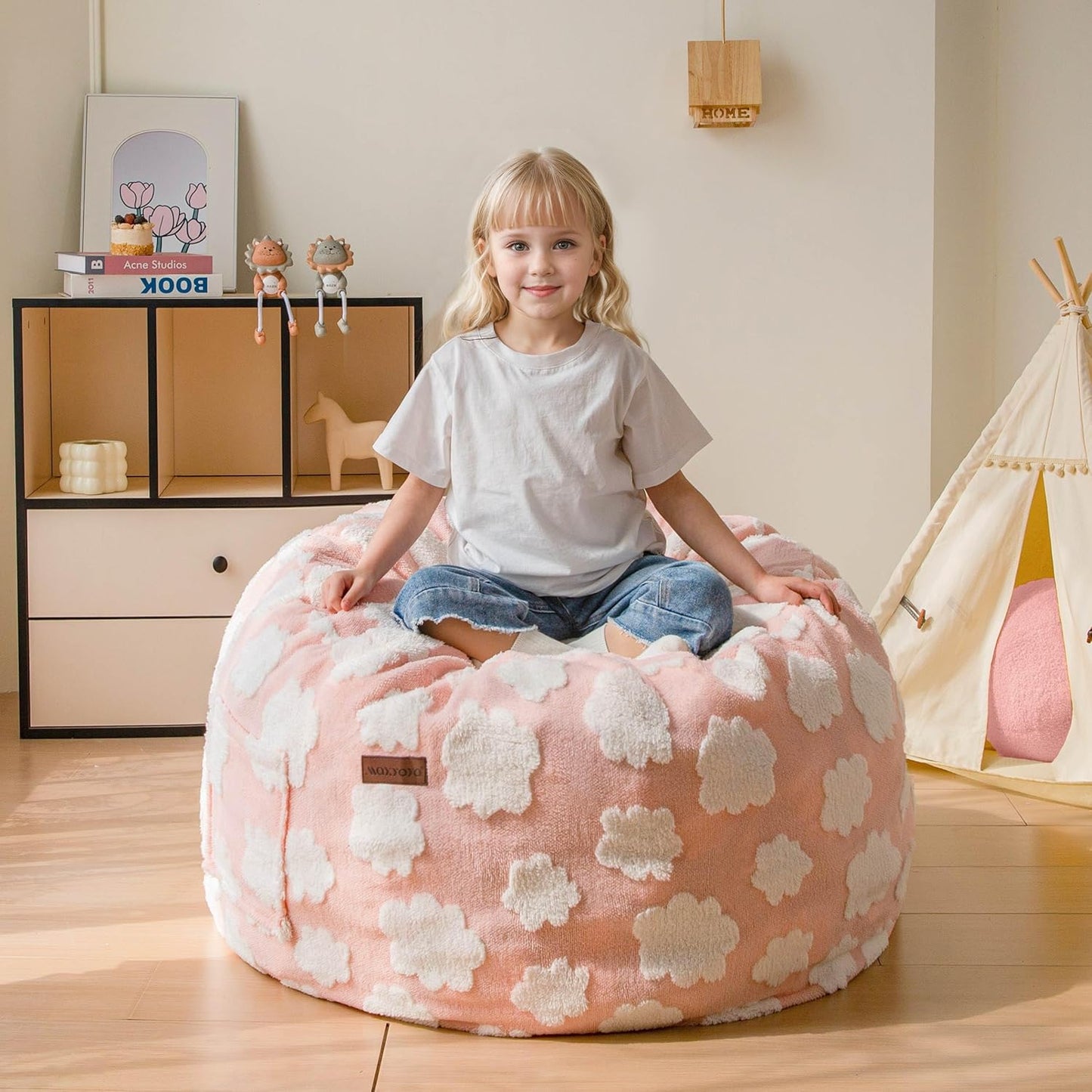 MAXYOYO Bean Bag Chair for Kids, Cloud Pattern Lazy Chair with High-Density Foam Filling, Stuffed Floor Sofa Couch for Boys and Girls, Child Floor Sofa for Gaming, Reading, Pink