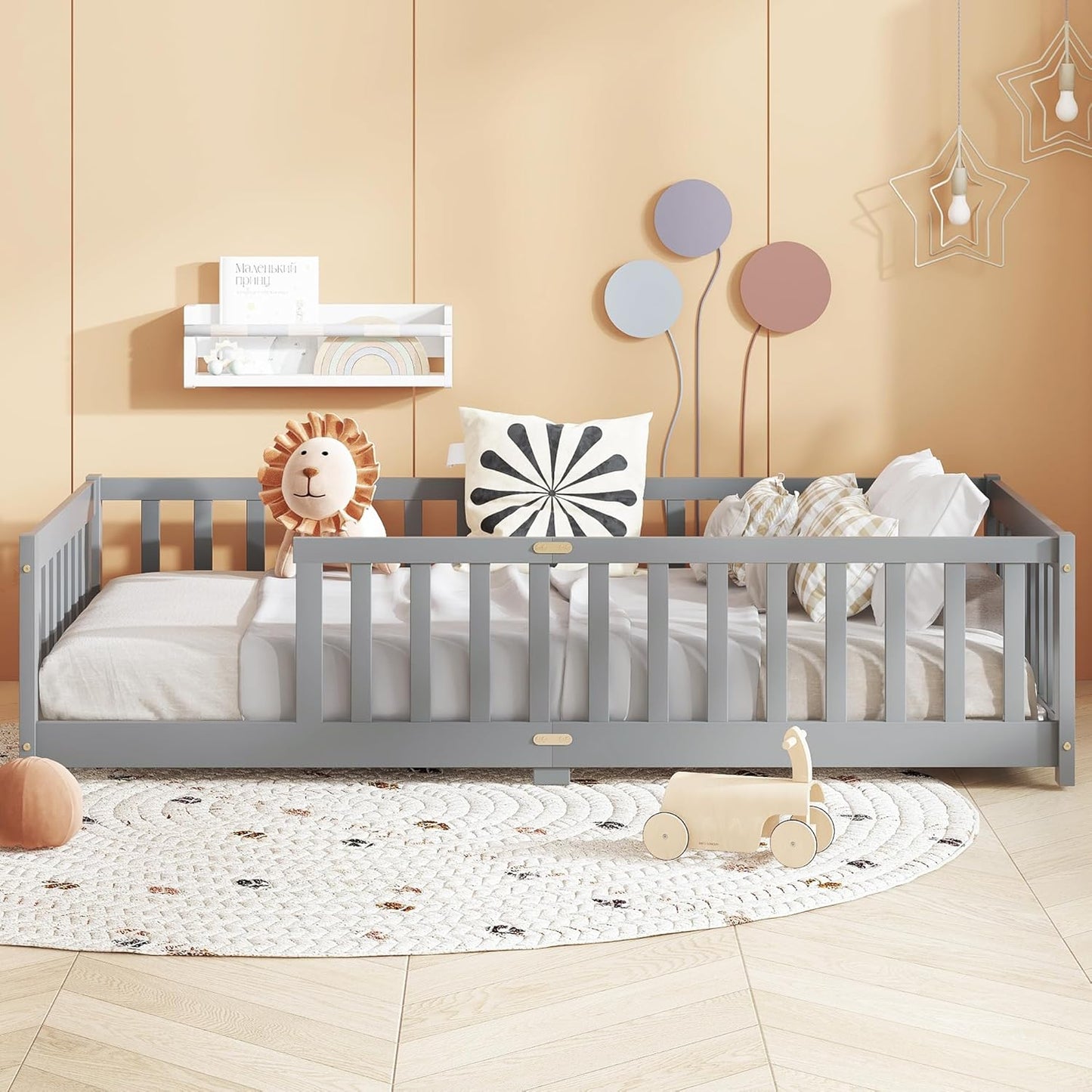 Bellemave Twin Floor Bed with Slats and Safety Guardrails, Kids Montessori Floor Beds with Fence and Without Door, Easy Assemble Floor Bed for Kids, Girls, Boys, Gary