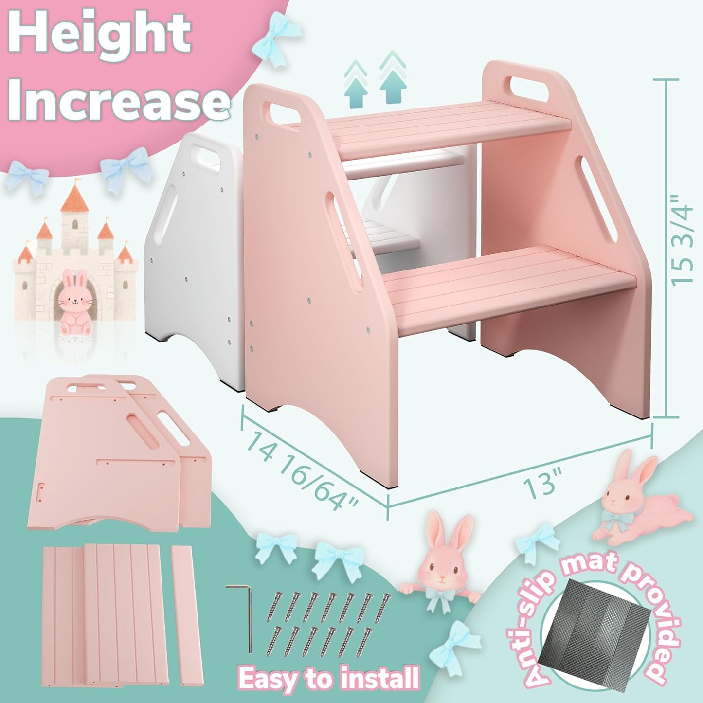 AMBIRD Wooden Kids Step Stool, 15.75'' H Potty Training Toddler 300 lbs Capacity with Safety Non-Slip Pads and Handles, Kitchen Step Stools for Kids, Bamboo Step Stool for Bathroom, High Beds (Pink)