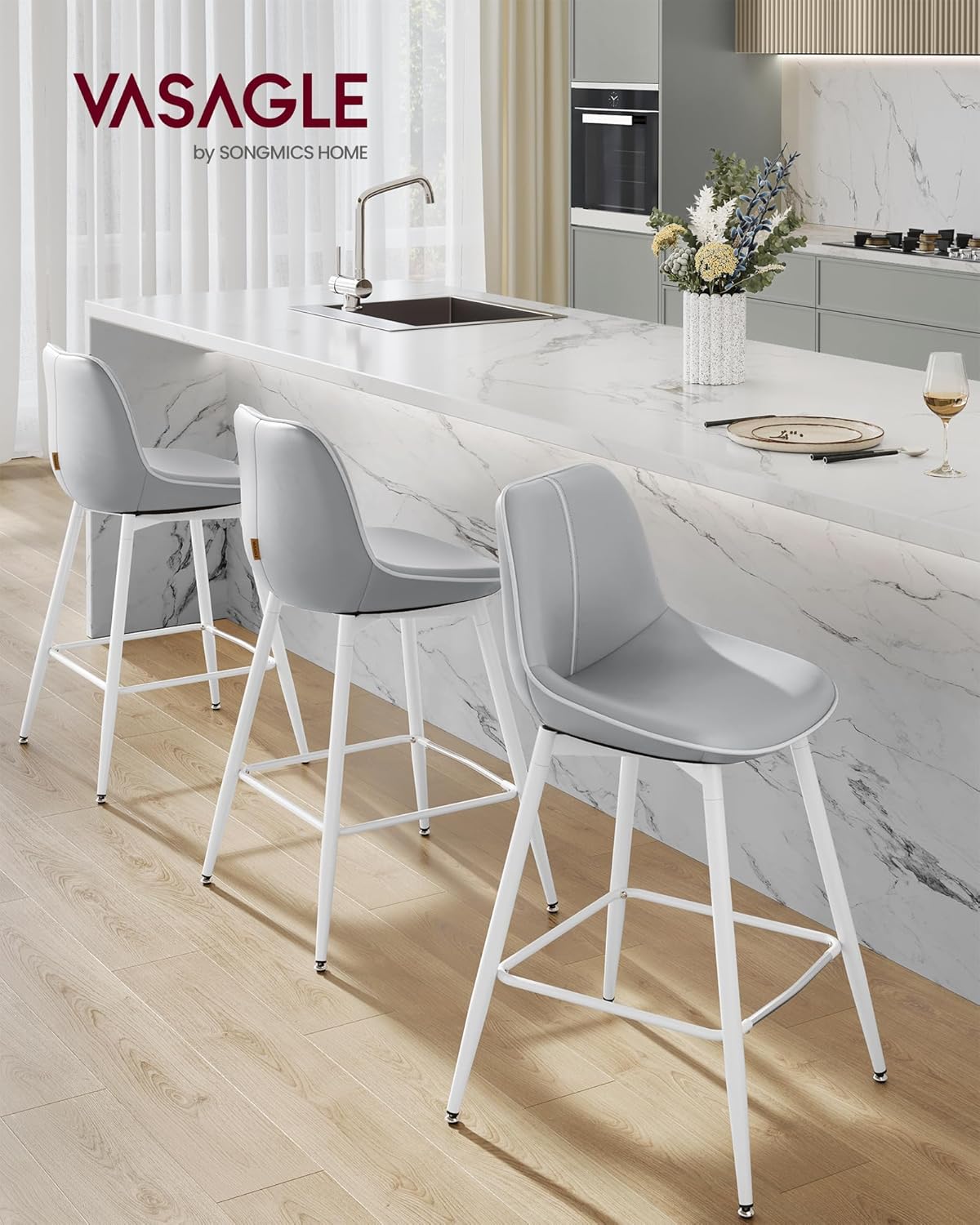 VASAGLE Bar Stools Set of 2, Counter Height Bar Stools with Back, Ergonomic Backrest, Synthetic Leather, Metal Legs, 24.4-Inch Tall Barstools for Kitchen Island Home Bar, Easy Assembly, Dove Gray