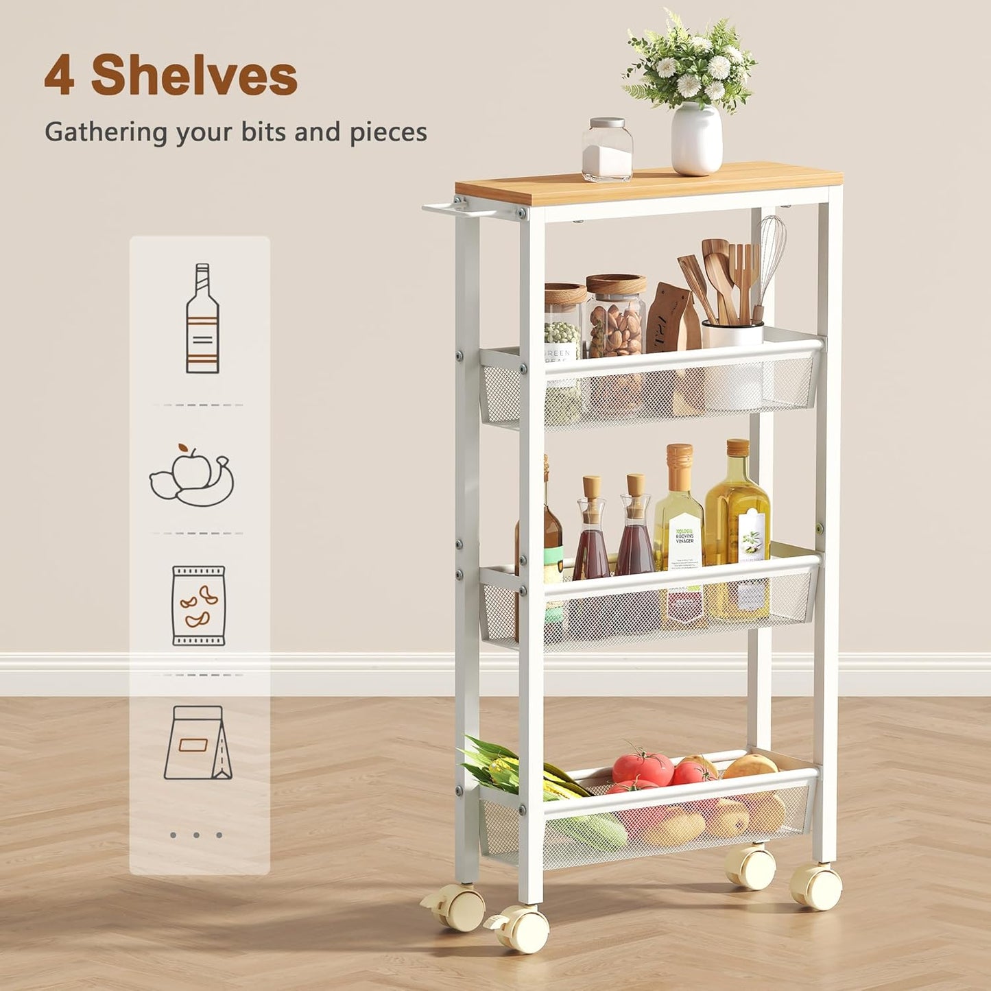 Hoctieon Slim Rolling Storage Cart, 4-Tier Narrow Kitchen Storage Cart with Handle & Wheels, Mobile Shelving Unit, Wooden Top & Metal Frame, Utility Cart for Kitchen, Small Spaces, Oak Beige