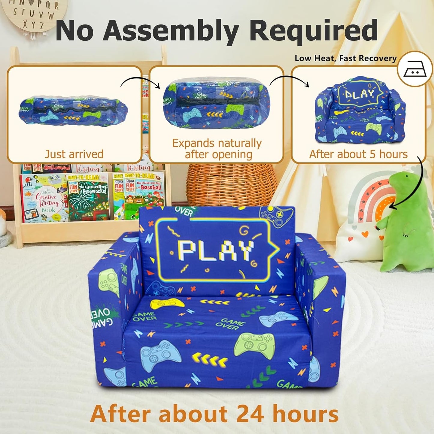 Kids Couch, 2-in-1 Kid Fold Out Couch, Convertible Kids Sofa to Lounger for Girls and Boys, Soft Toddler Chairs Comfy 1-3 Years Old(Gamepad)