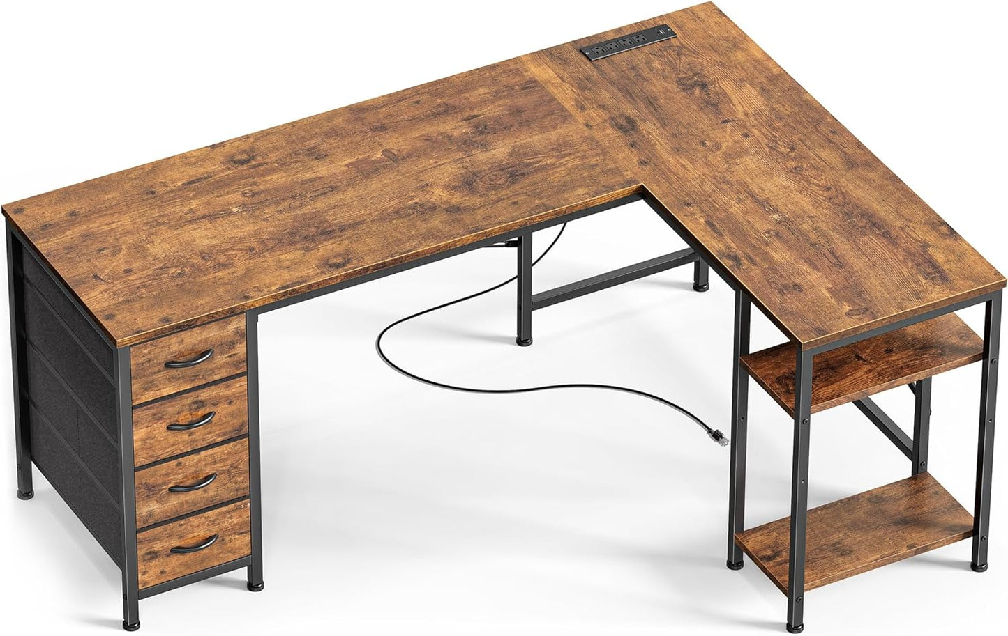 Huuger 55 Inch L Shaped Desk with Fabric Drawers, Reversible Computer Gaming Desk with Power Outlets and USB-C Port, Adjustable Side Storage Shelves, for Work Study Corner Home Office, Rustic Brown