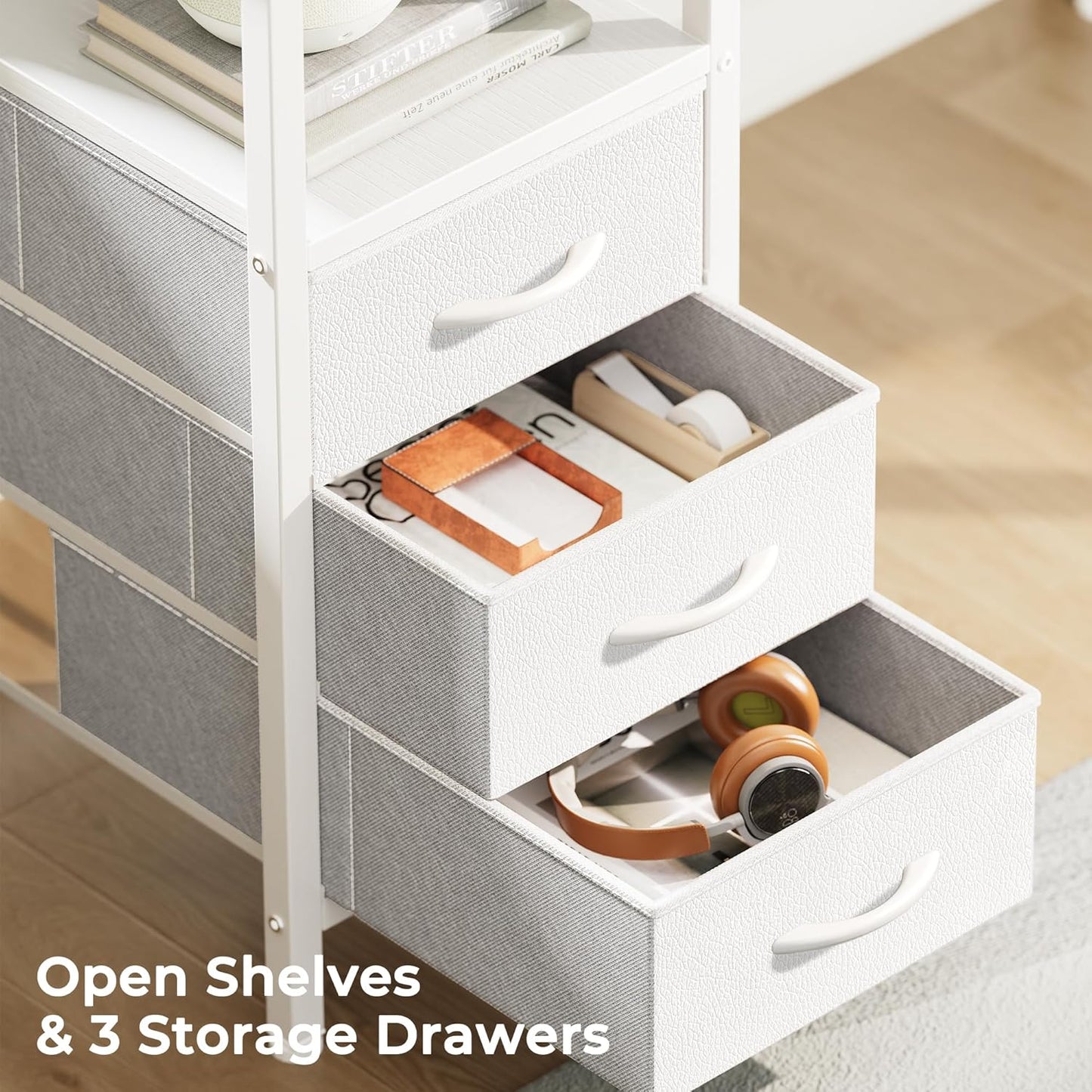 Huuger L Shaped Office Desk with Power Outlets, 47 Inch Computer Desk with 3 Drawers, Shelves, for Gaming, Corner Work, Home Office, Study, White