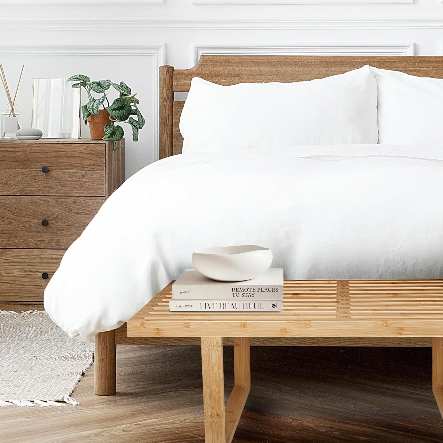 Bamboo Nelson Slat Wooden Bench, Small Wood Benches for Entryway, Living & Dining Room, Kitchen, Bedroom, Bathroom, Hallway, Front Door, For Indoor & Outdoor Patio Use, Mid Century Modern Decor