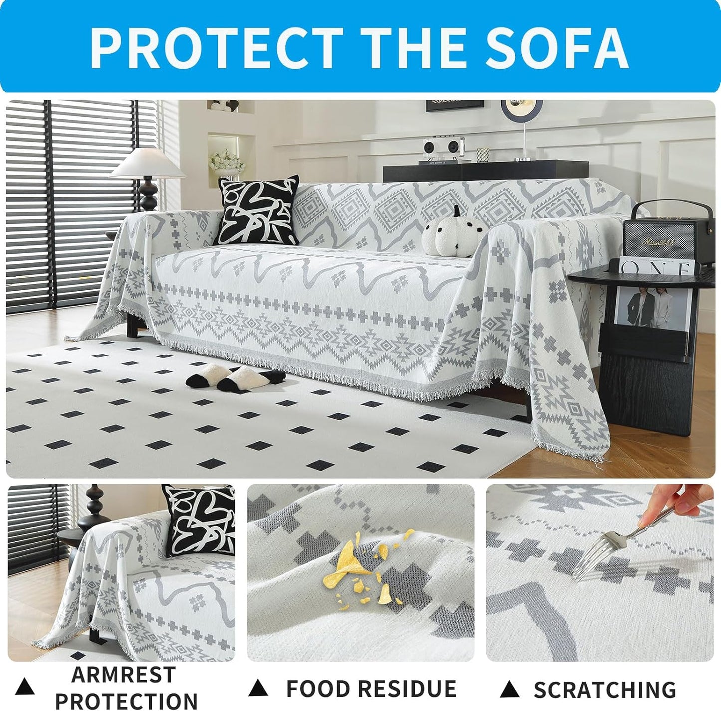 LUFEIJIASHI Boho Couch Covers for Sofa Non Slip Sofa Covers Washable Couch Covers for 3 Cushion Couch Sofa Pet Friendly Sectional Couch Cover Blanket Furniture Protector for Dogs (Grey, 91"x118")