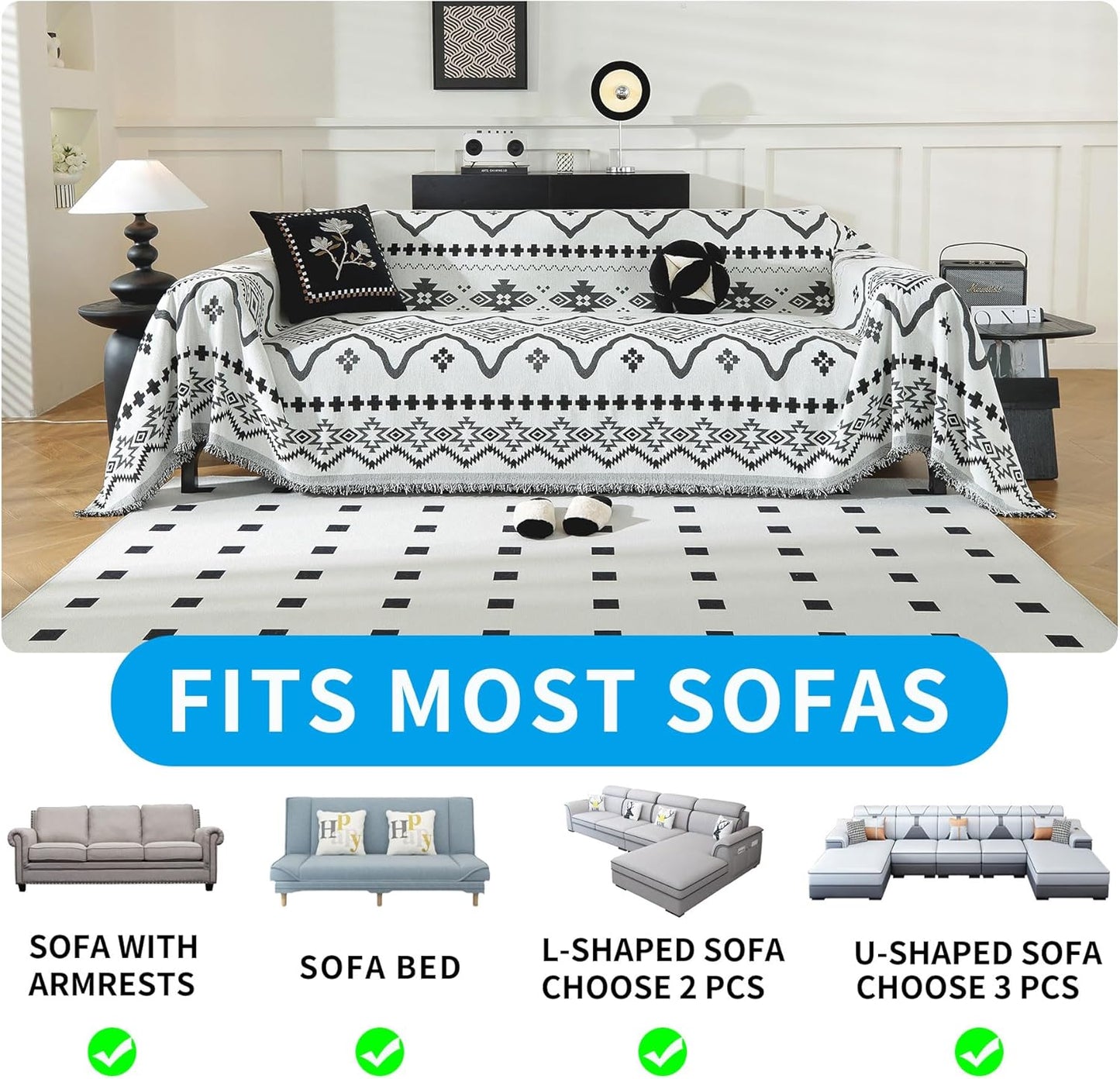 LUFEIJIASHI Boho Couch Covers for Sofa Non Slip Sofa Covers Washable Couch Covers for 3 Cushion Couch Sofa Pet Friendly Sectional Couch Cover Blanket Furniture Protector for Dogs (Black, 71"x150")