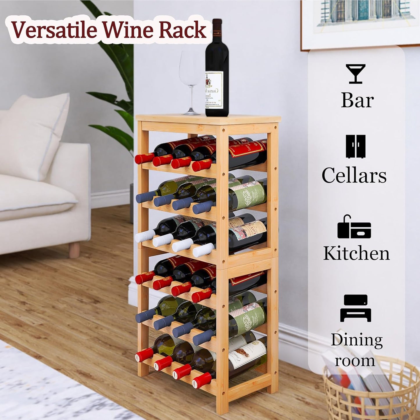24 Bottles Floor Wine Rack with Tabletop, 6 Tier Bamboo Wine Display Storage Shelves, Wave Bars Freestanding Wine Bottle Organizer Shelf for Kitchen Pantry Cellar, Natural
