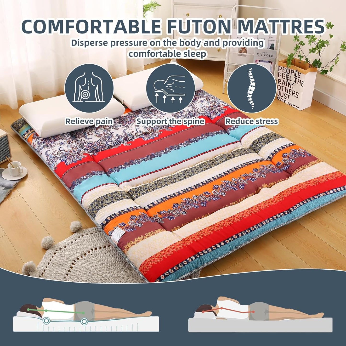 Bohemian Retro Japanese Floor Mattress, Vintage Floral Tatami Floor Mat, Portable Roll up Futon Mattress for Guest,Tavel (B,Twin 80" x 36")