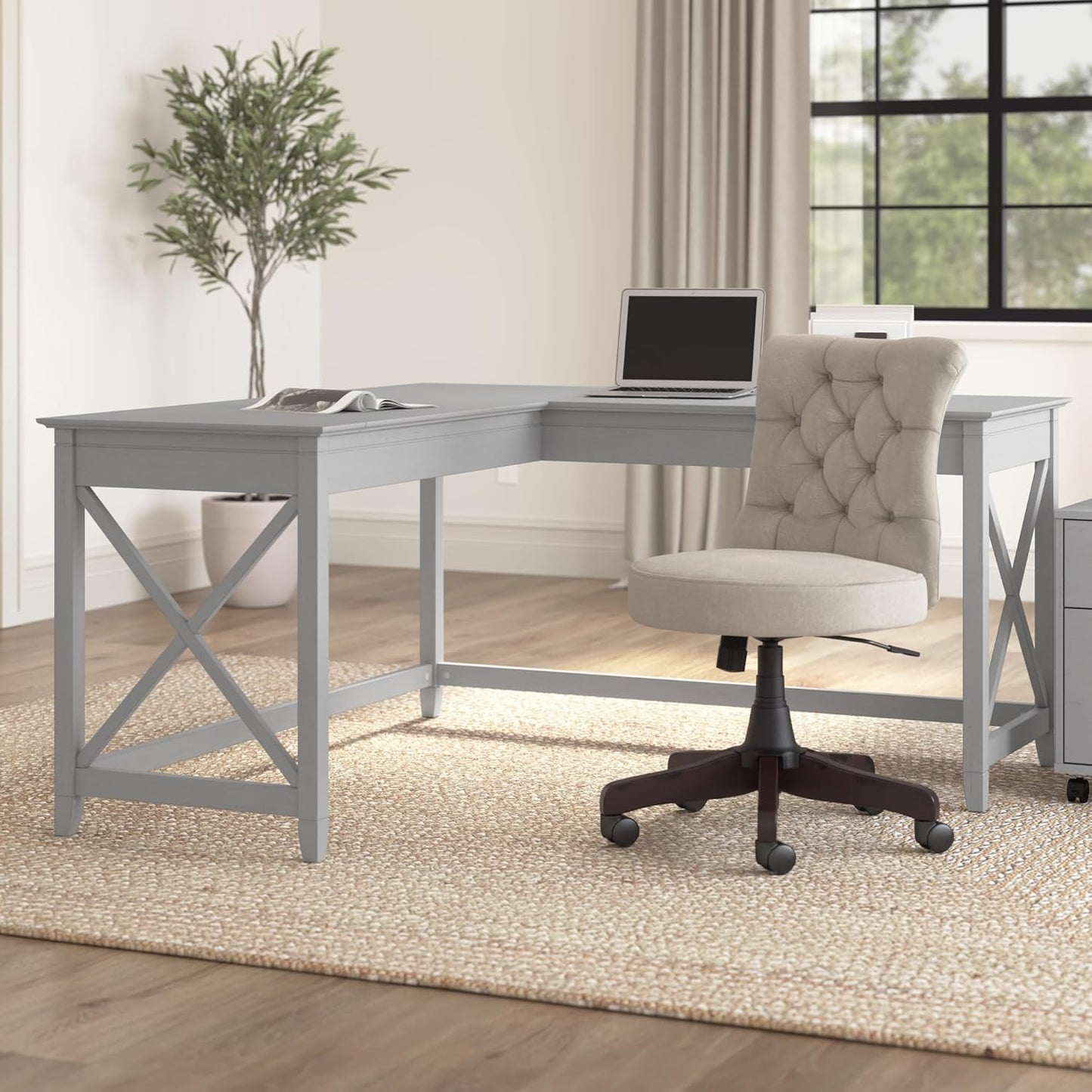 Bush Furniture Key West 60W Modern Farmhouse L Shaped Desk in Cape Cod Gray | 60-Inch Corner Table for Home Office