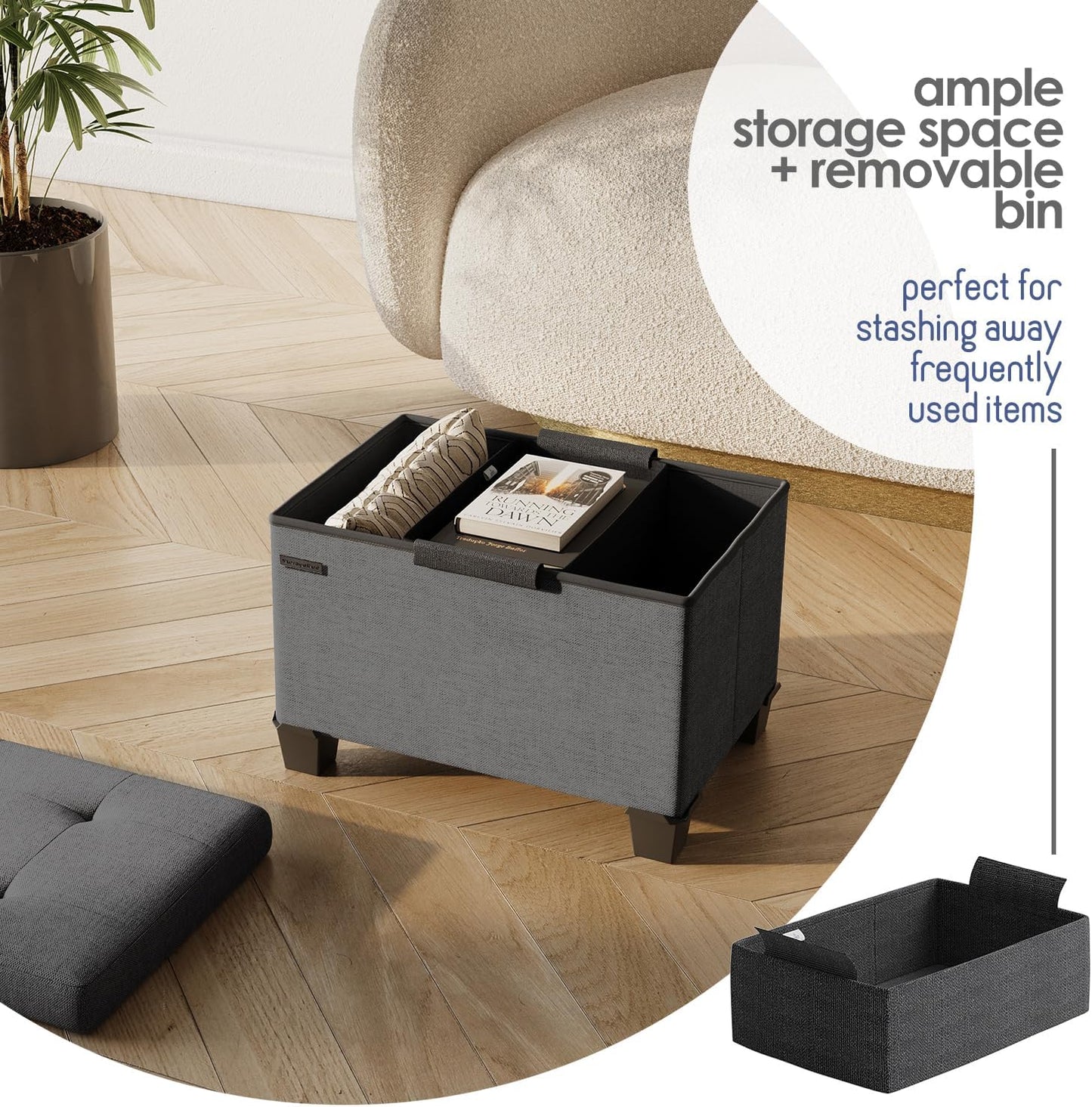 STORAGEBUD Storage Ottoman Cube with Small Bin, 16-in Square Ottoman with Storage for Living Room and Bedroom, Small Ottomans Foot Rest, Fabric Foot Stools Ottomans Max 330lbs, Grey