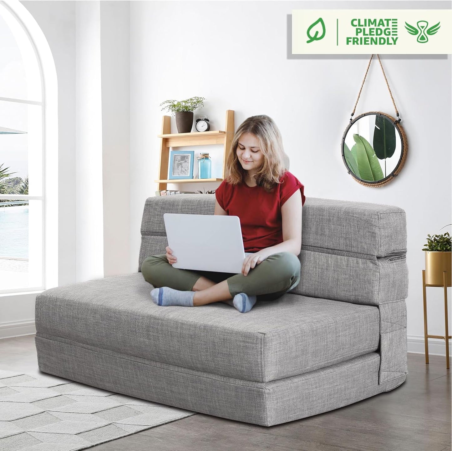 ANONER 60" Folding Sleeper Chair Sofa Bed Lazy Couch with 2 Pillows, Queen Size Memory Foam Washable Cover, Light Gray