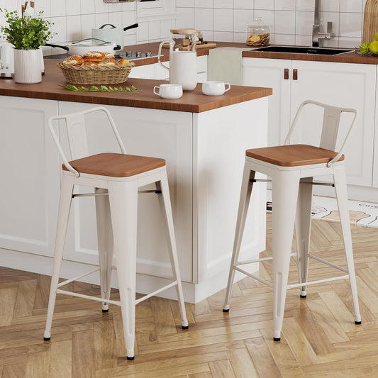 Yongchuang 24 inch Barstools Set of 2 Counter Height Bar Stools Farmhouse Kitchen Metal Bar Chairs with Wood Seat Low Back Cream White