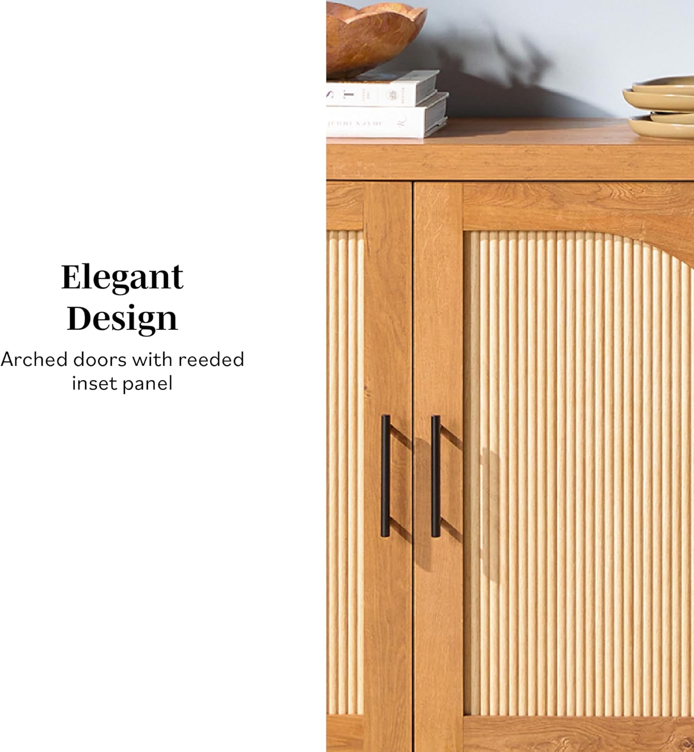 Walker Edison Sasha 4-Door Reeded Sideboard Buffet with Cord Management, 70 Inch, English Oak