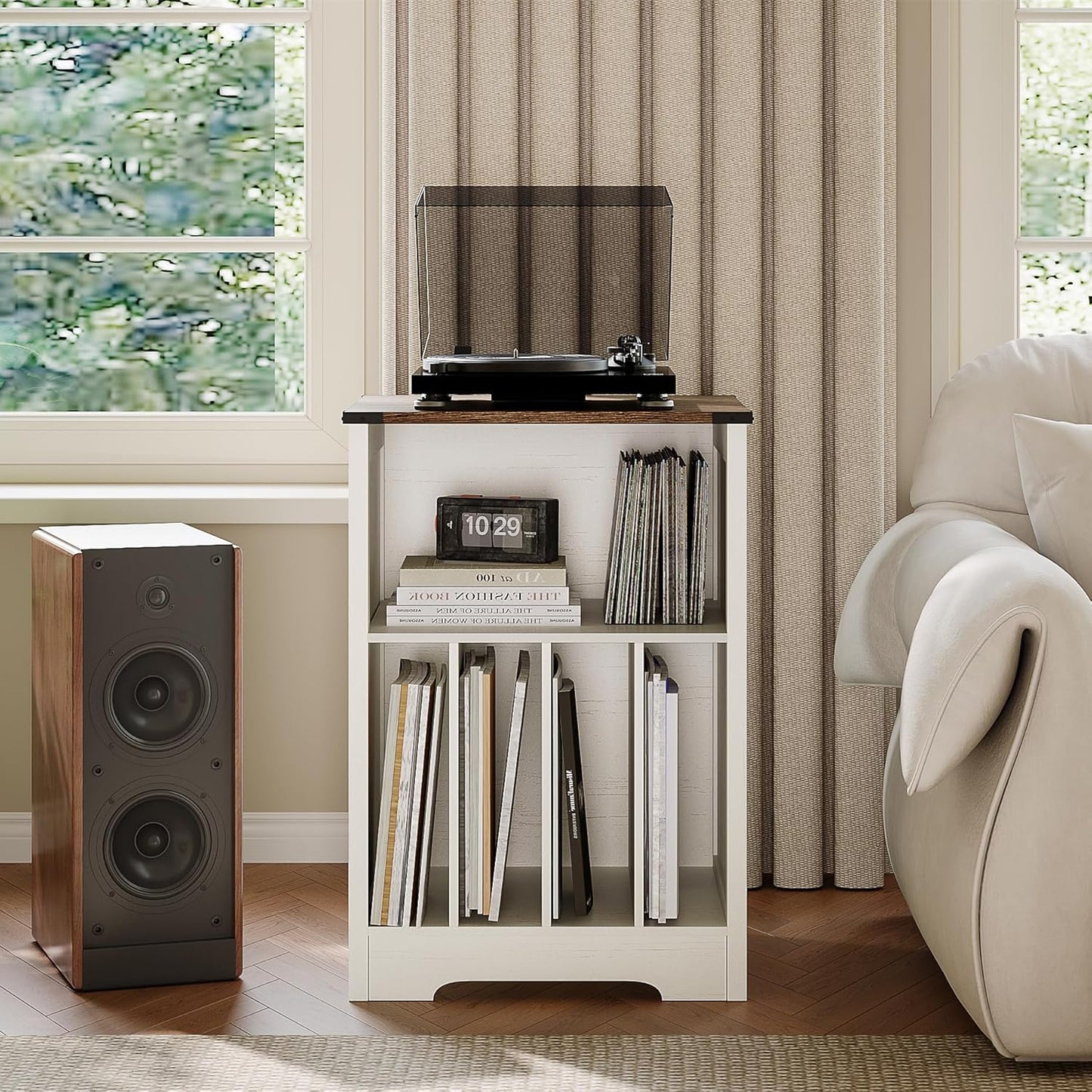 ChooChoo Record Player Stand, Vinyl Record Storage Cabinet, Turntable Stand Holds up to 160 Albums, Record Player Table Display Shelf for Living Room, Bedroom, Office, Rustic White