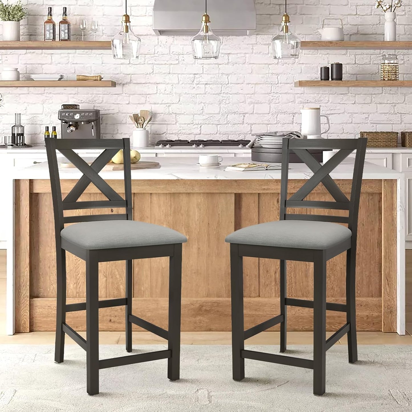 COLAMY Bar Stools Set of 2, Counter Height Bar Stools, Mid Century Modern Barstools with Back, Wood Barstools for Kitchen Dining Room Bar, Dark Grey