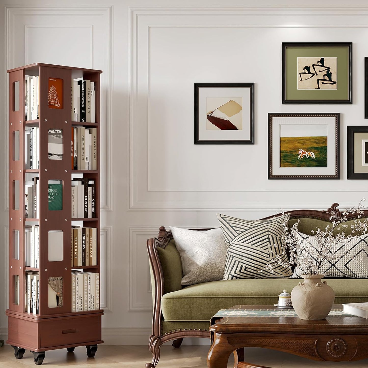 Solid Wood Rotating Bookshelf Tower, 5-Tier Square Spinning Bookcase with Drawer, 70" Floor Standing Revolving Bookshelf on Wheels, Corner Bookcase for Small Space, Walnut