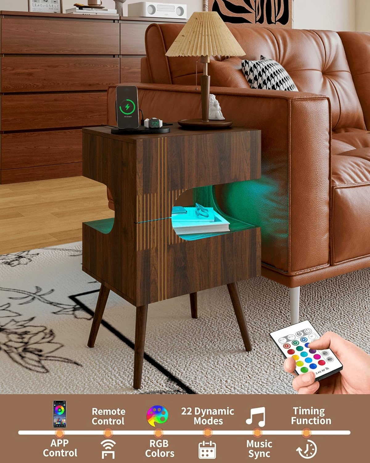Nightstand with Charging Station and LED Lights,Modern Bedside Table with 2 Storage Drawer,Night Stand with Solid Wood Legs,White (Walnut Brown)
