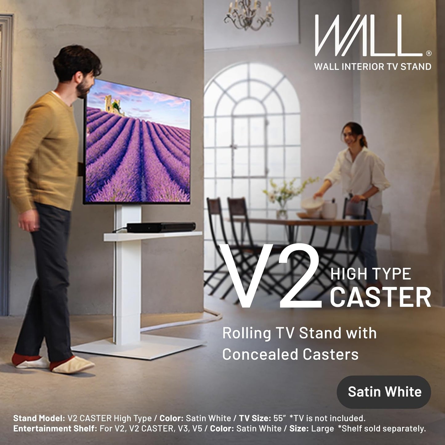 WALL V2 Caster High Type | Minimalist Rolling TV Stand for 32–60 Inch | Satin White | Portable, Space Saving, Height Adjustable, No Drill | for Living Room and Bedroom | Japanese Design & Engineering