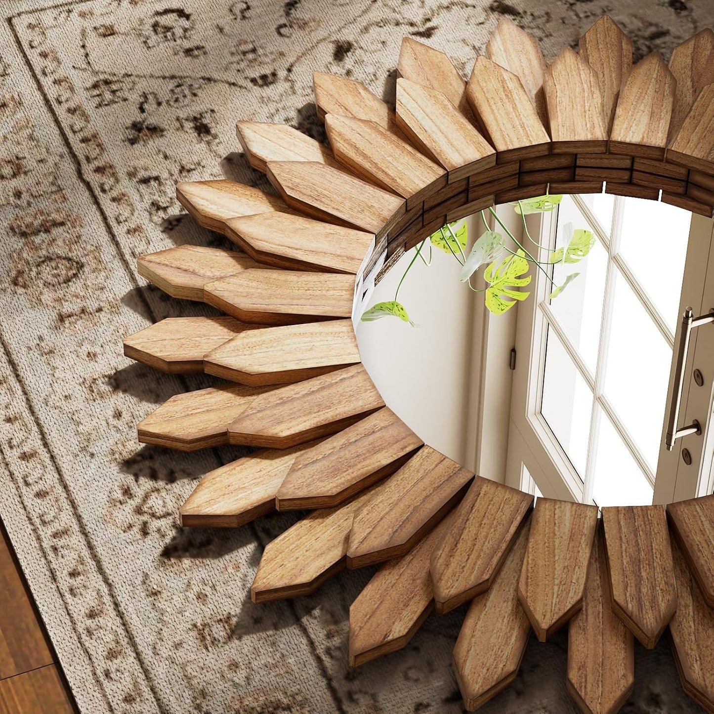 20 Inch Brown Boho Wall Decor Sunburst Mirror - Round Wooden Wall Decor, Handmade Rustic Circular Mirror for Living Room, Bedroom, Entryway, Office