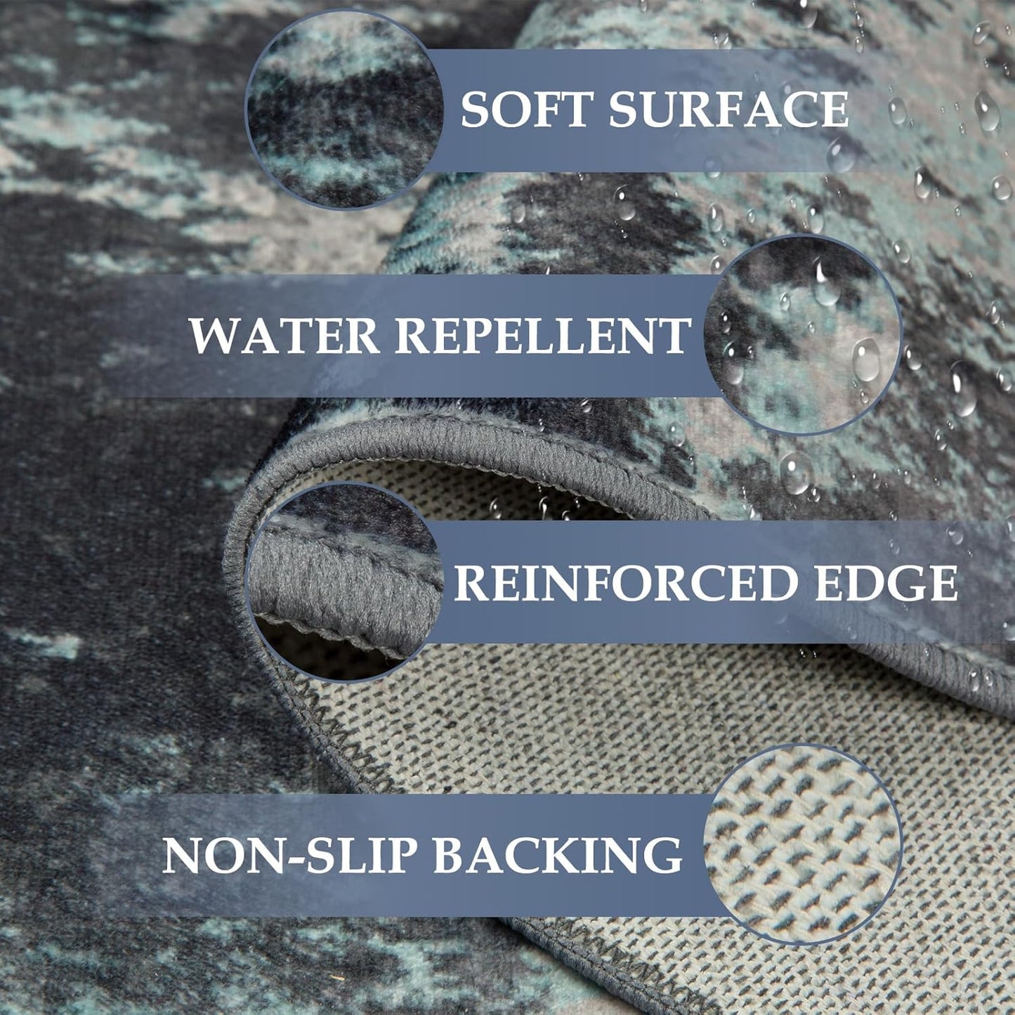 Washable Area Rugs 4ft Non-Slip Modern Abstract Soft for Living Room Entryway Bedroom Nursery, Print Pattern, Blue Black Teal