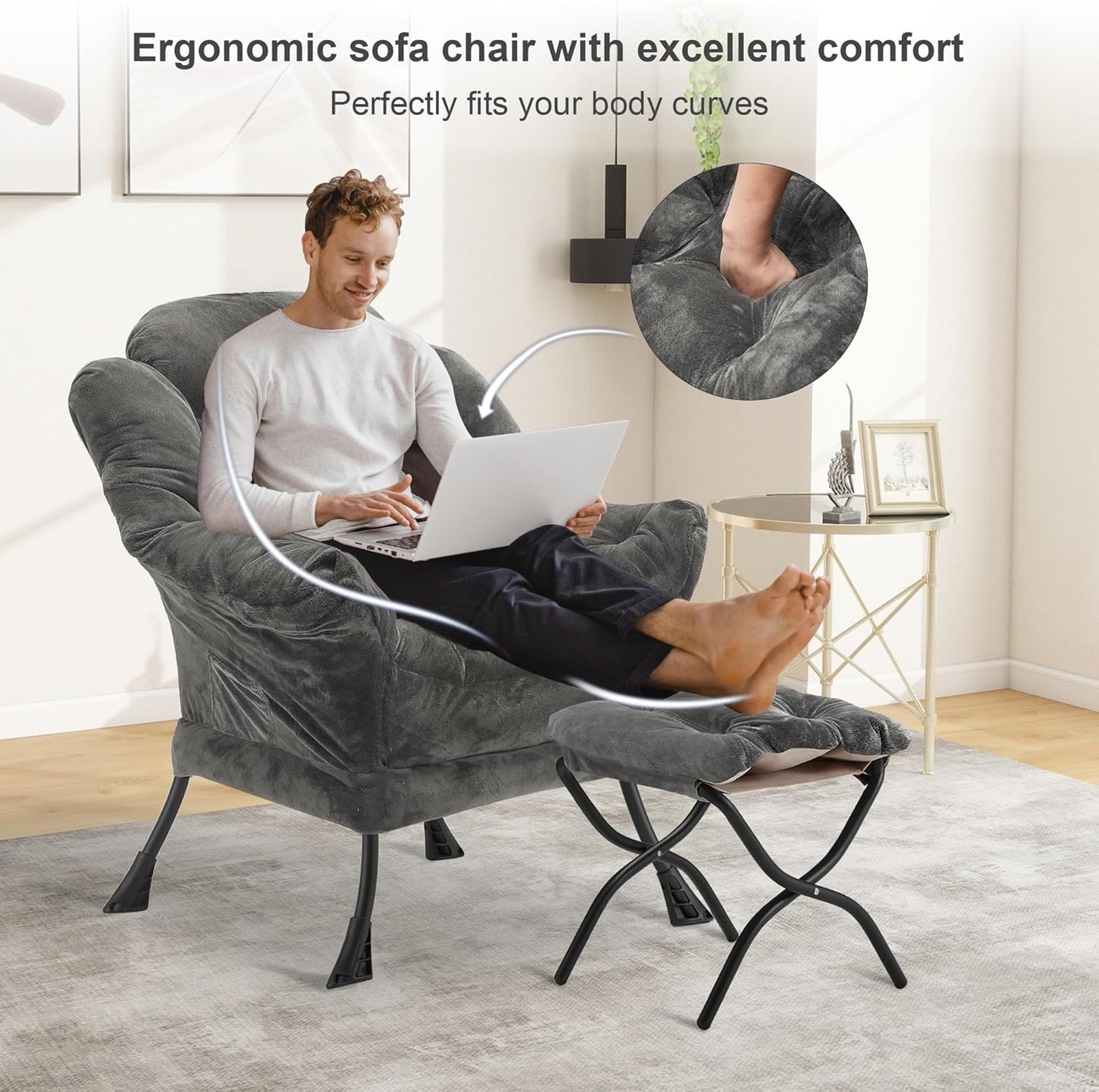 Fabric Lazy Chair with Ottoman, Oversized Upholstered Sofa Chair for Adults, Plush Comfy Lounge Chair with Large Side Storage Pocket, Reading Chair for Living Room, Bedroom, Office, Dark Gray