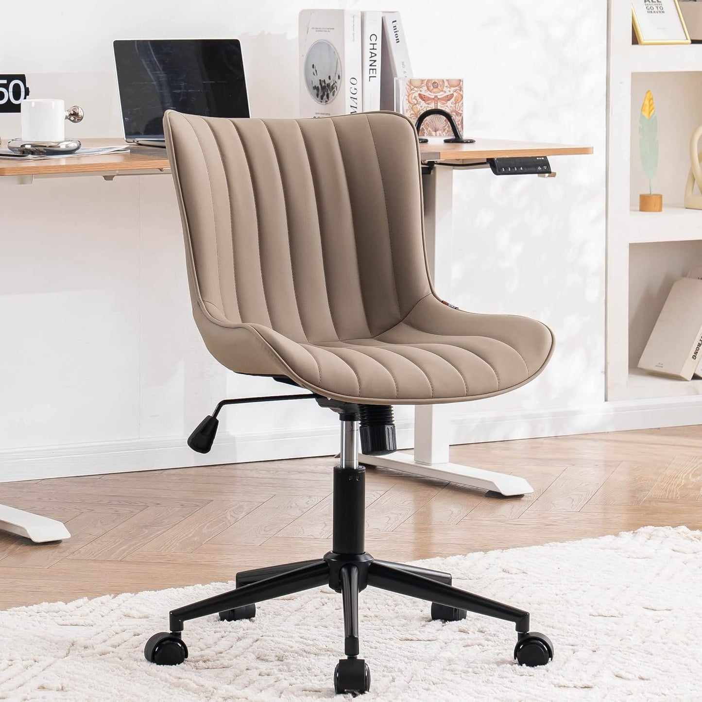 YOUNIKE Khaki Comfy Home Office Desk Chair with Wheels Armless Vanity Chair with Back Ergonomic Modern Leather Upholstered Rolling Task Chair Small Cute Sewing Chair No Arms Wide Swivel Adjustable
