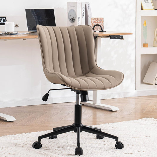 YOUNIKE Khaki Comfy Home Office Desk Chair with Wheels Armless Vanity Chair with Back Ergonomic Modern Leather Upholstered Rolling Task Chair Small Cute Sewing Chair No Arms Wide Swivel Adjustable