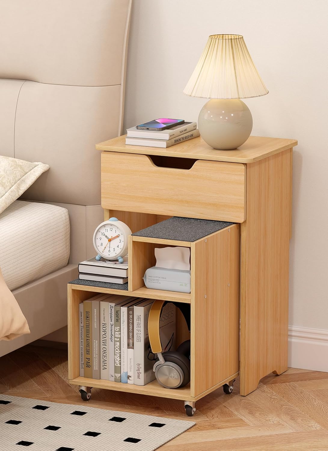 End Table Small Night Stand for Small Spaces Narrow Side Tables Bedside Table with Drawer Rolling Open Storage Shelf Accent Vintage Farmhouse Nightstand with Wheels for Living Room Bedroom Balcony